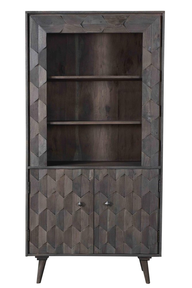 70" Gray Distressed Solid Wood Three Tier Bookcase with Two Doors HomeRoots