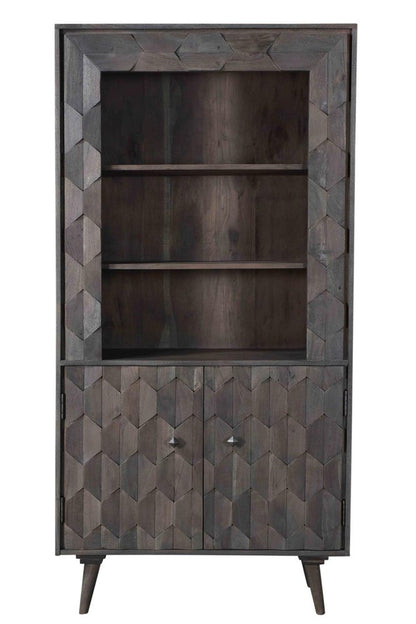 70" Gray Distressed Solid Wood Three Tier Bookcase with Two Doors HomeRoots