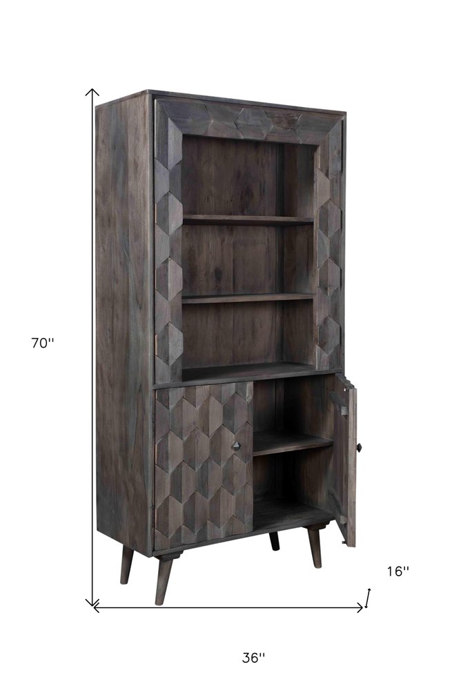 70" Gray Distressed Solid Wood Three Tier Bookcase with Two Doors HomeRoots