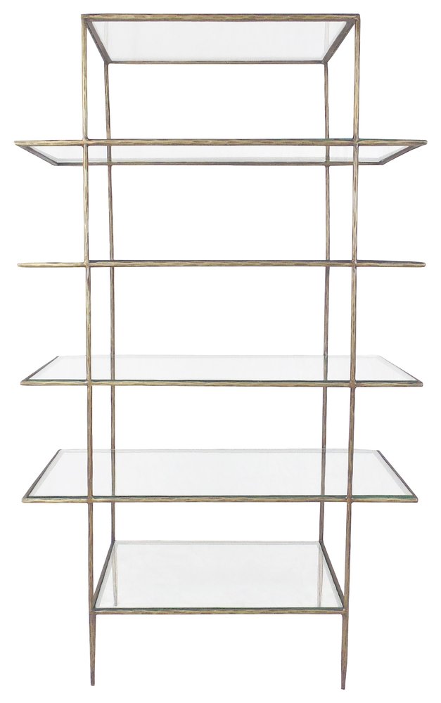 59" Antiqued Gold And Clear Iron and Glass Five Tier Etagere Bookcase HomeRoots