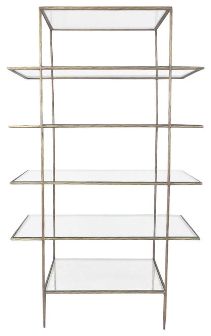 59" Antiqued Gold And Clear Iron and Glass Five Tier Etagere Bookcase HomeRoots
