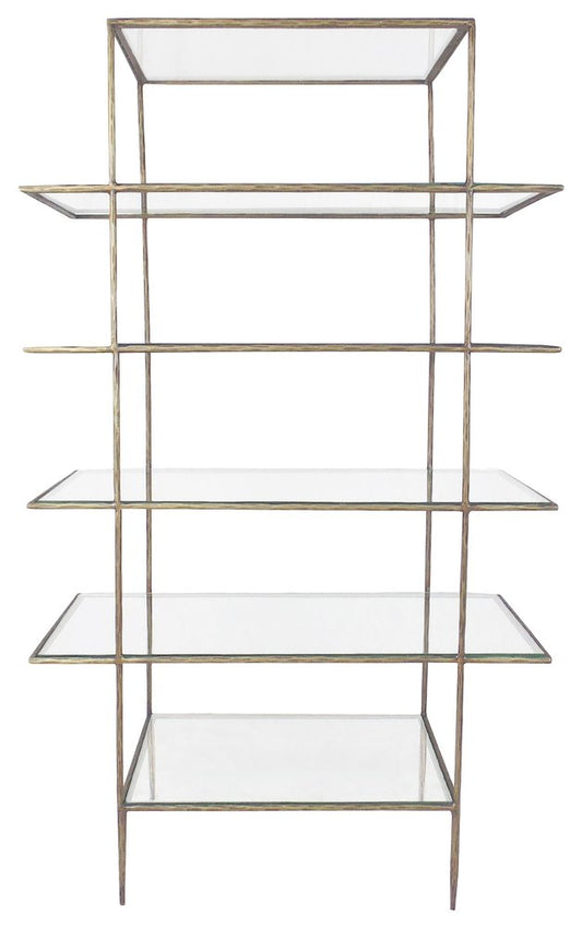 59" Antiqued Gold And Clear Iron and Glass Five Tier Etagere Bookcase HomeRoots