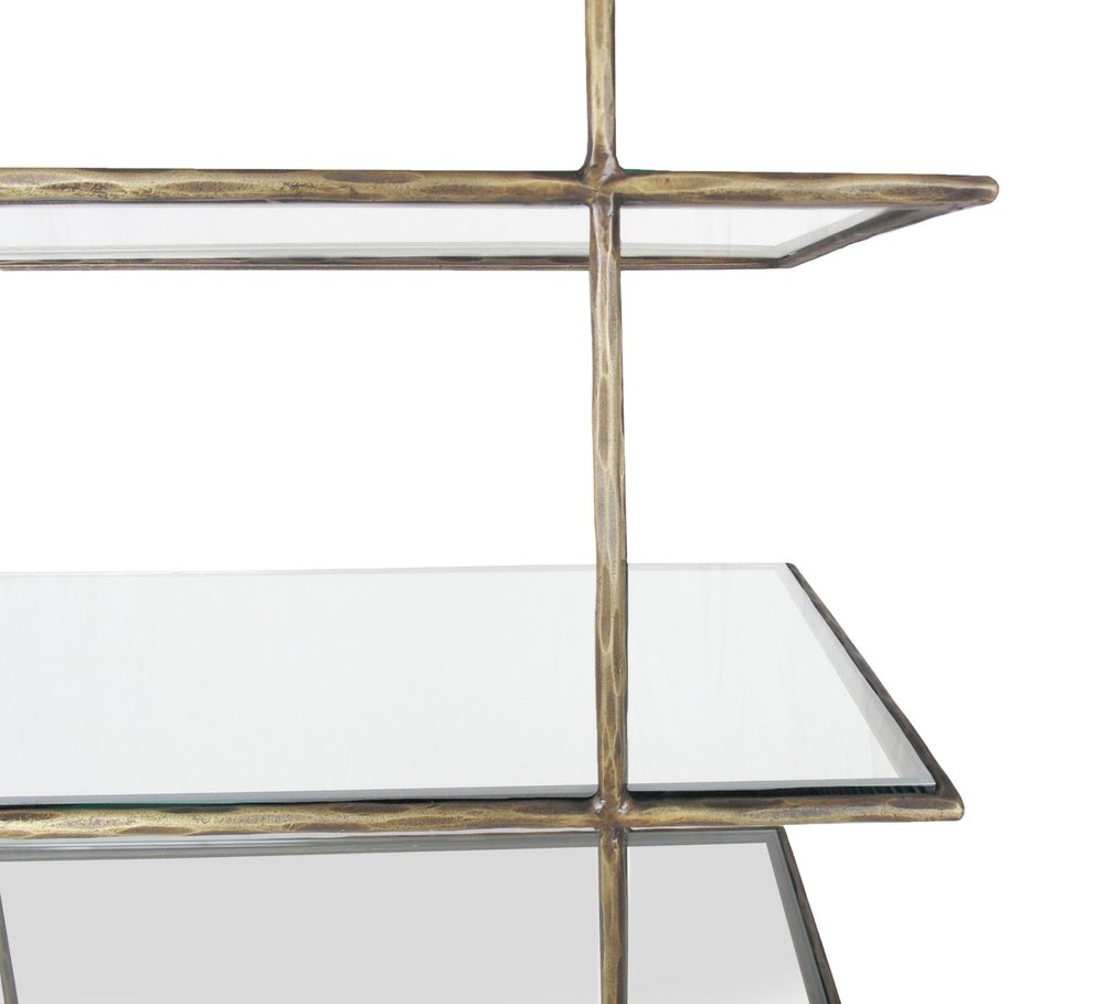 59" Antiqued Gold And Clear Iron and Glass Five Tier Etagere Bookcase HomeRoots