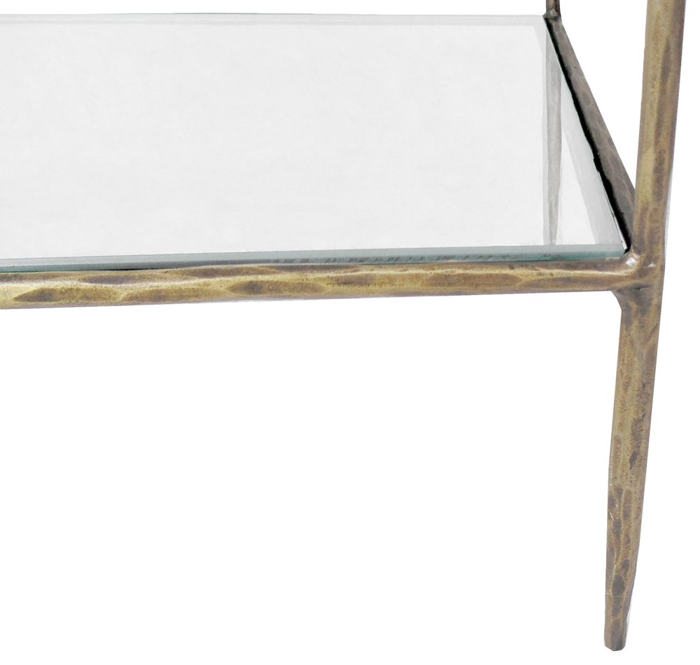 59" Antiqued Gold And Clear Iron and Glass Five Tier Etagere Bookcase HomeRoots