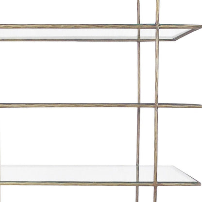 59" Antiqued Gold And Clear Iron and Glass Five Tier Etagere Bookcase HomeRoots