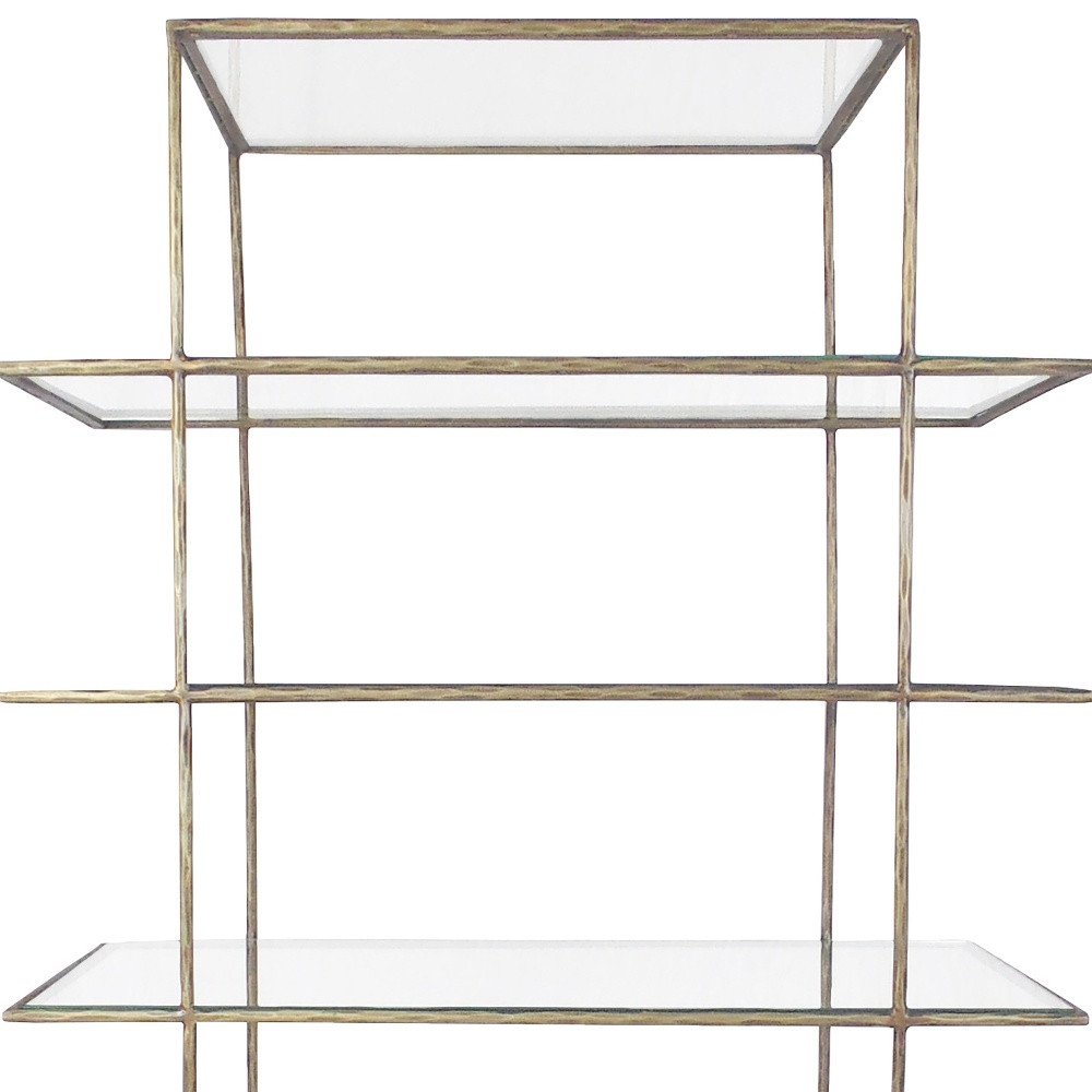 59" Antiqued Gold And Clear Iron and Glass Five Tier Etagere Bookcase HomeRoots