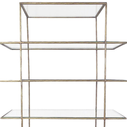 59" Antiqued Gold And Clear Iron and Glass Five Tier Etagere Bookcase HomeRoots