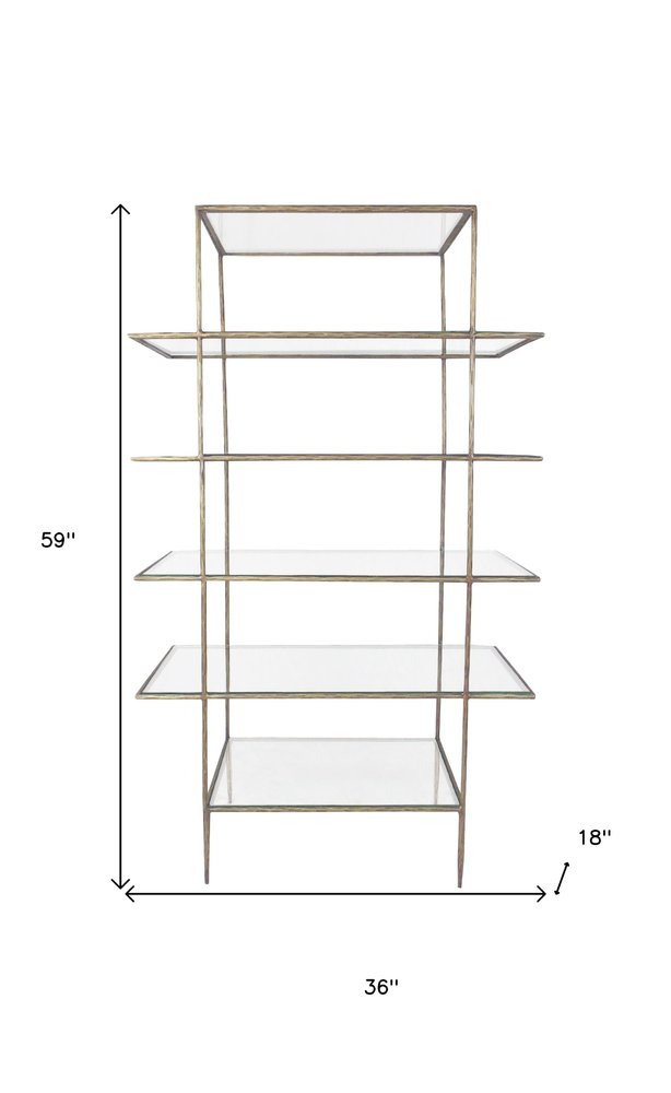 59" Antiqued Gold And Clear Iron and Glass Five Tier Etagere Bookcase HomeRoots