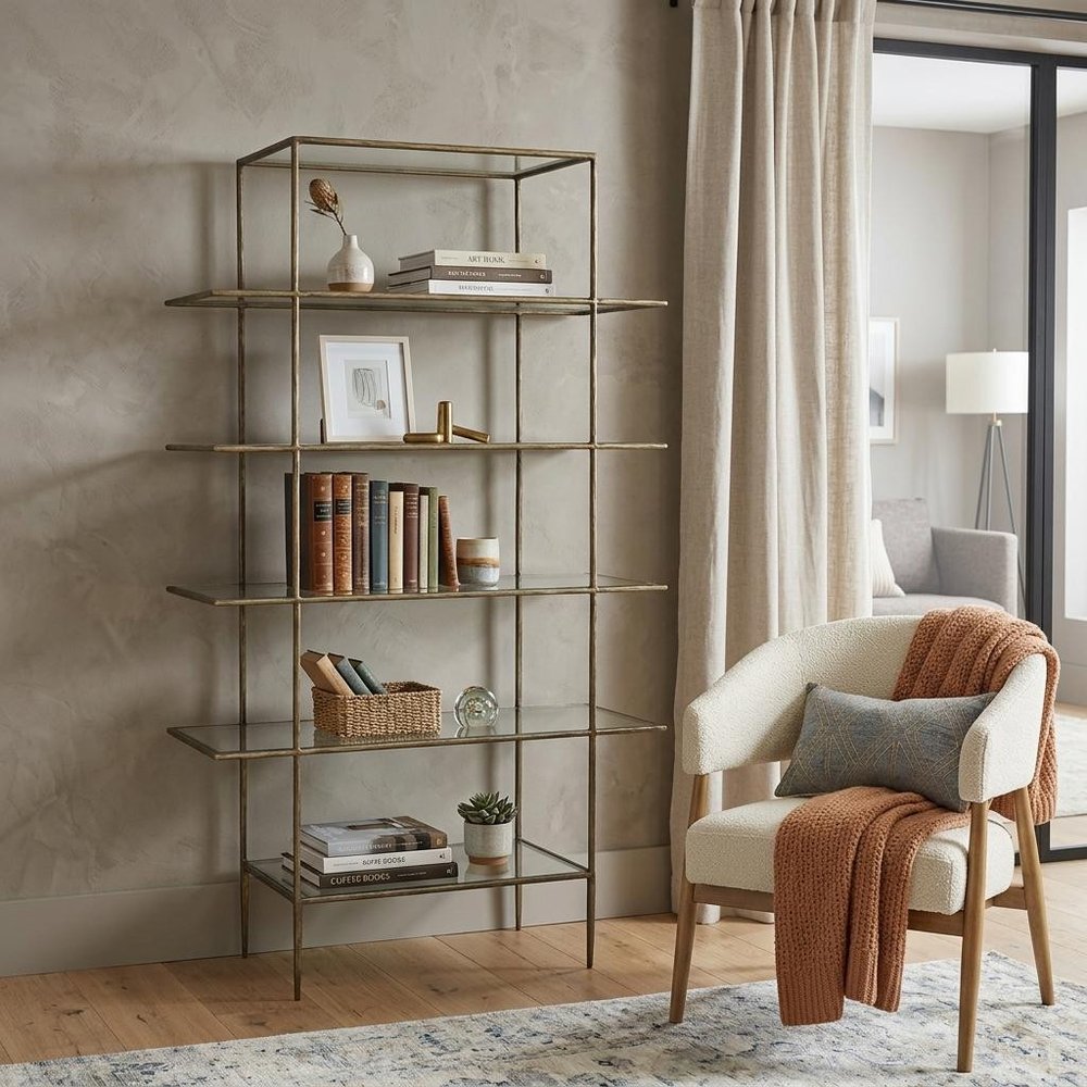 59" Antiqued Gold And Clear Iron and Glass Five Tier Etagere Bookcase HomeRoots