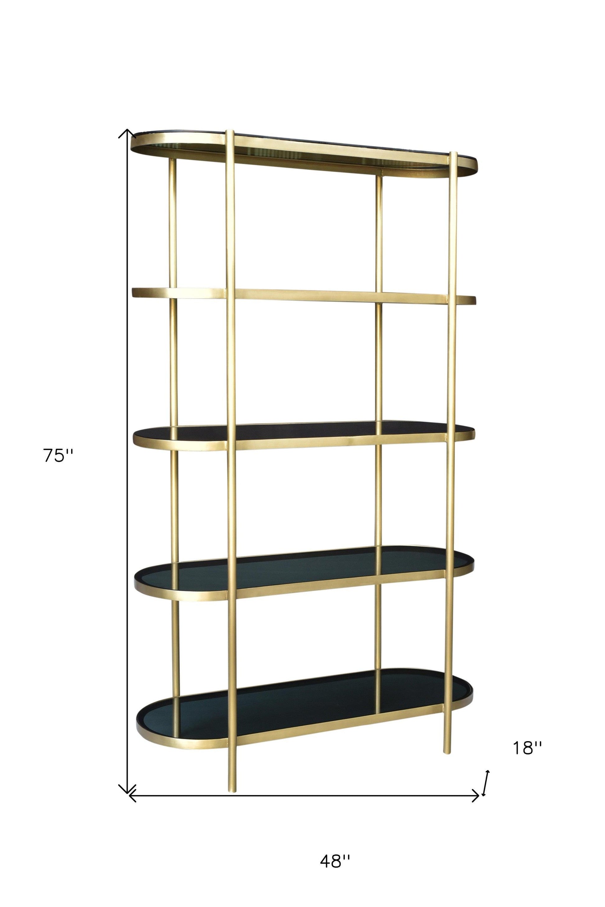 75" Black and Gold Iron and Glass Four Tier Etagere Bookcase - FurniFindUSA