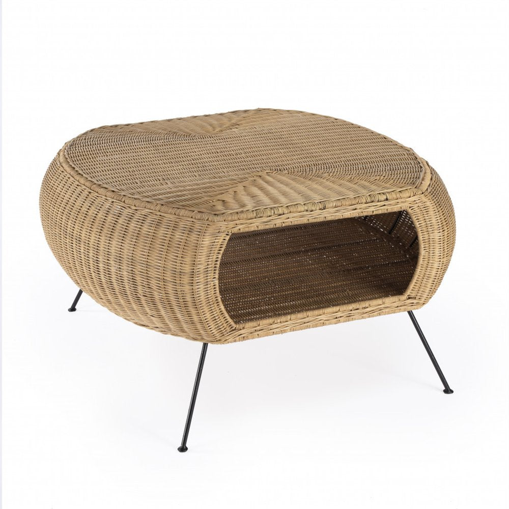 38" Natural and Black Rattan and Iron Oval Coffee Table HomeRoots