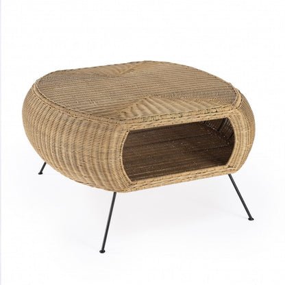 38" Natural and Black Rattan and Iron Oval Coffee Table HomeRoots