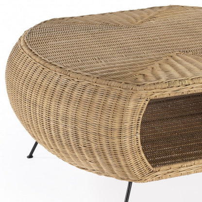 38" Natural and Black Rattan and Iron Oval Coffee Table HomeRoots