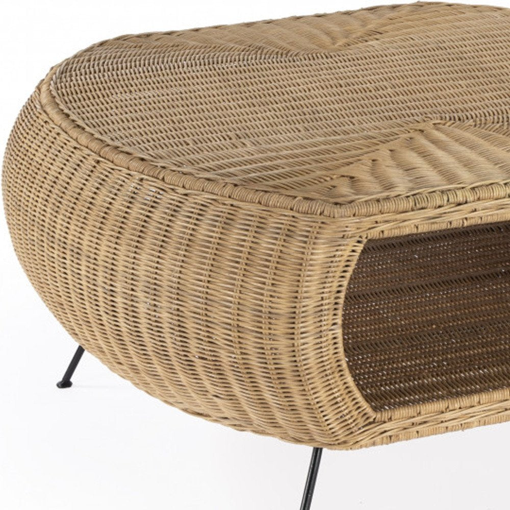 38" Natural and Black Rattan and Iron Oval Coffee Table HomeRoots