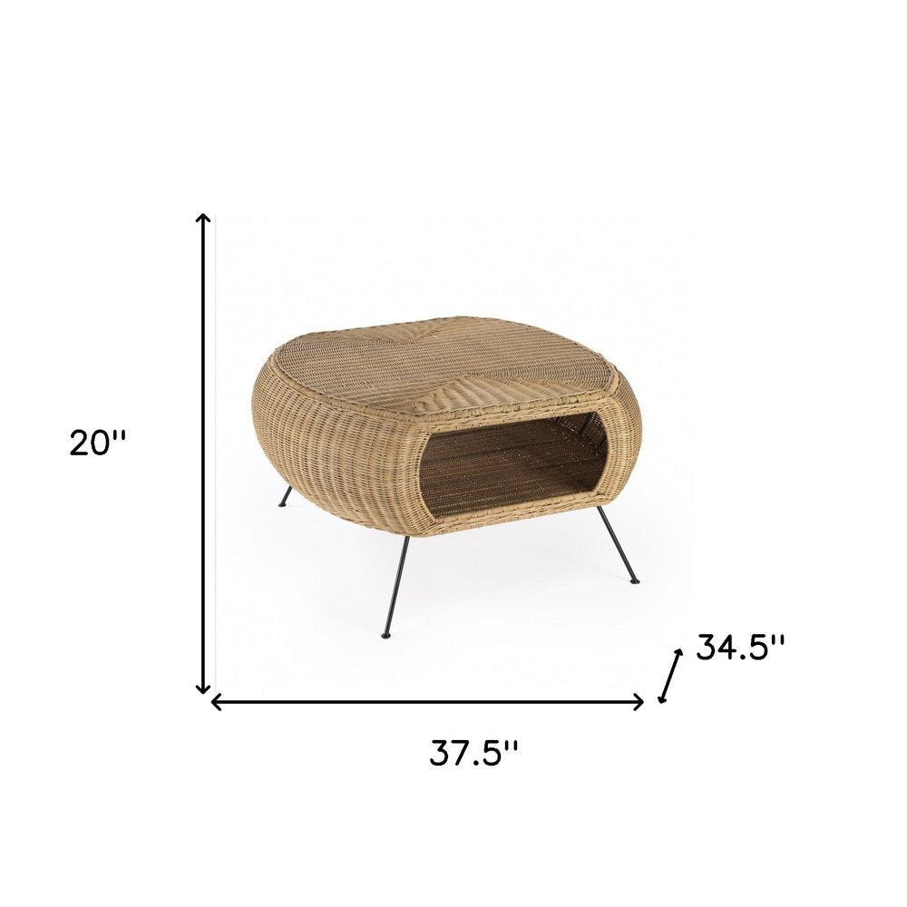 38" Natural and Black Rattan and Iron Oval Coffee Table HomeRoots