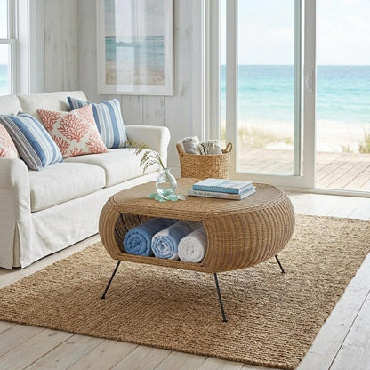 38" Natural and Black Rattan and Iron Oval Coffee Table HomeRoots