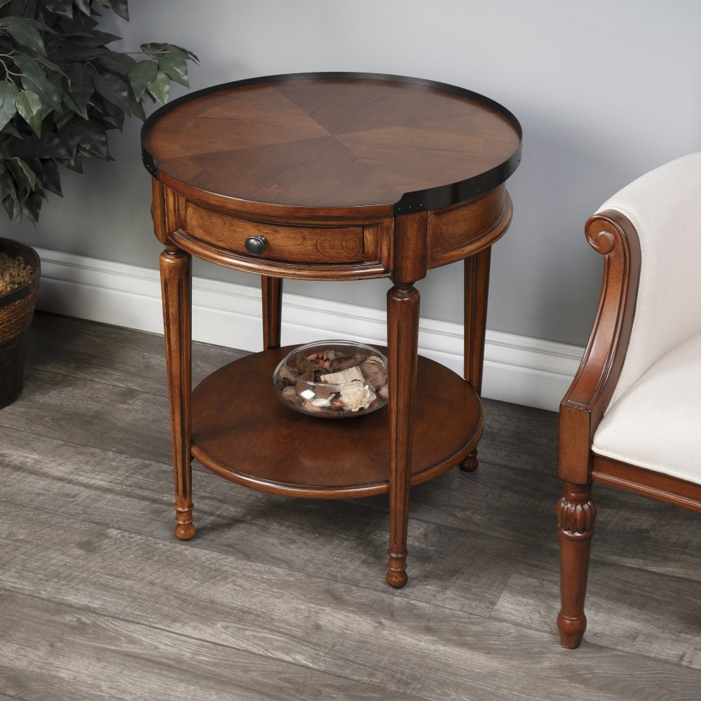 26" Medium Brown Manufactured Wood Round End Table With Drawer And Shelf HomeRoots