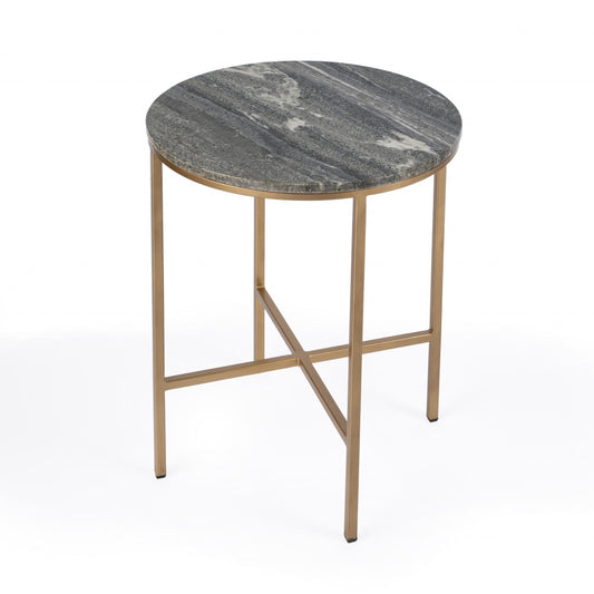 23" Brass And Gray Marble Round End Table