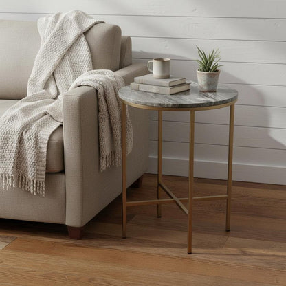 23" Brass And Gray Marble Round End Table HomeRoots