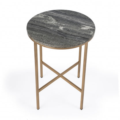 23" Brass And Gray Marble Round End Table