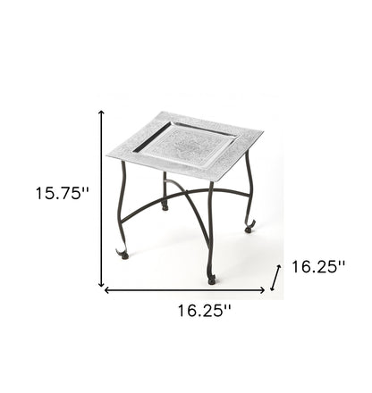 16" Black And Silver Textured Aluminum Square End Table