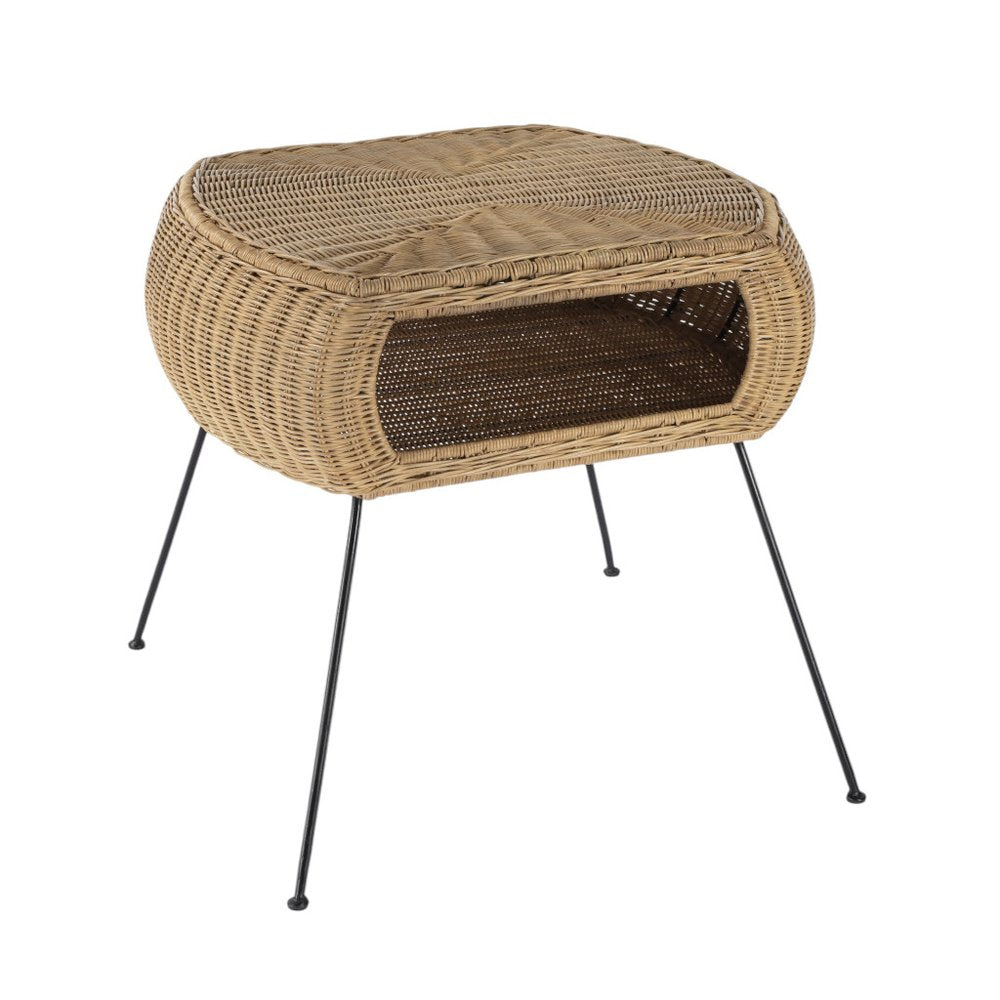 24" Black And Brown Distressed Rattan And Iron Round End Table With Shelf HomeRoots