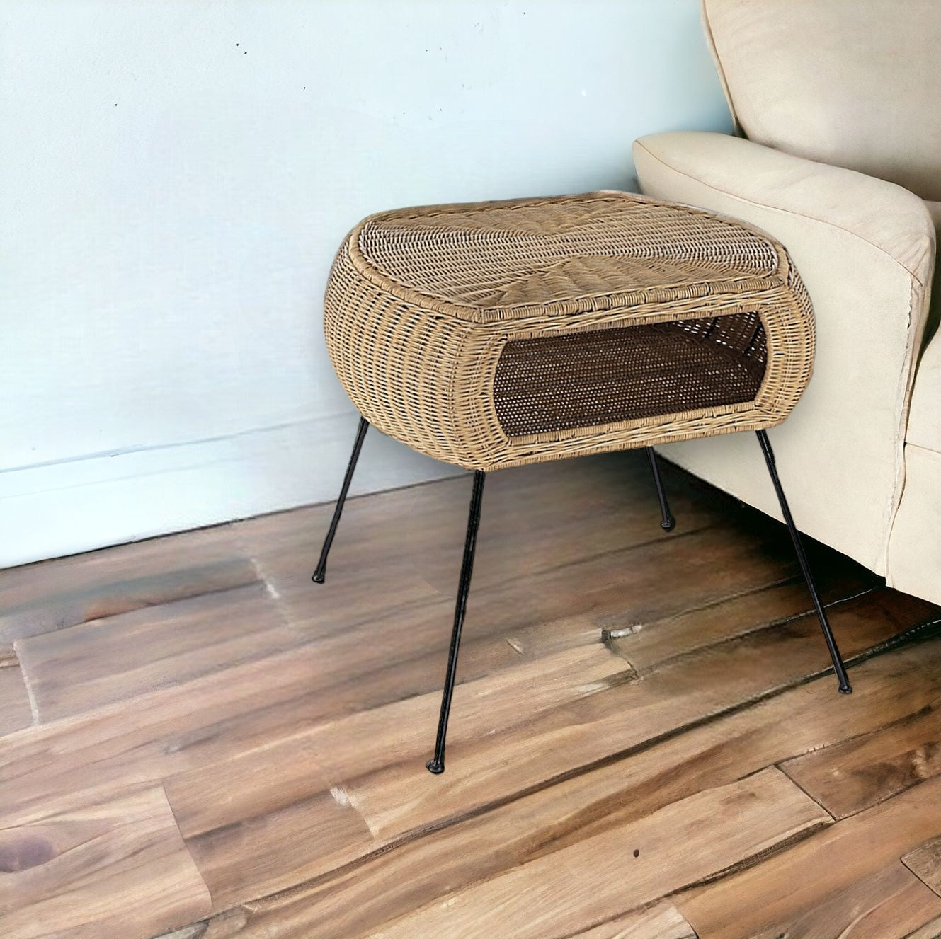 24" Black And Brown Distressed Rattan And Iron Round End Table With Shelf