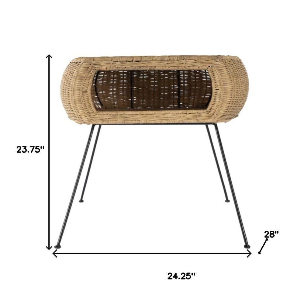 24" Black And Brown Distressed Rattan And Iron Round End Table With Shelf HomeRoots