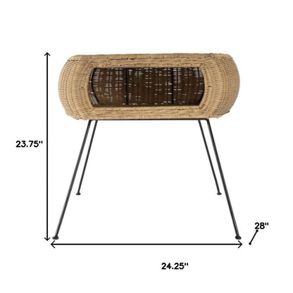24" Black And Brown Distressed Rattan And Iron Round End Table With Shelf HomeRoots