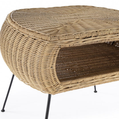 24" Black And Brown Distressed Rattan And Iron Round End Table With Shelf HomeRoots