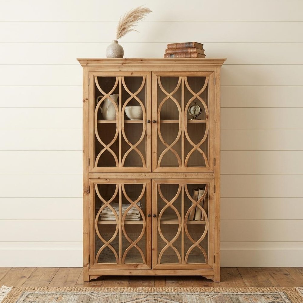 47" Natural Solid Wood Carved Geometric Accent Cabinet With Four Doors HomeRoots