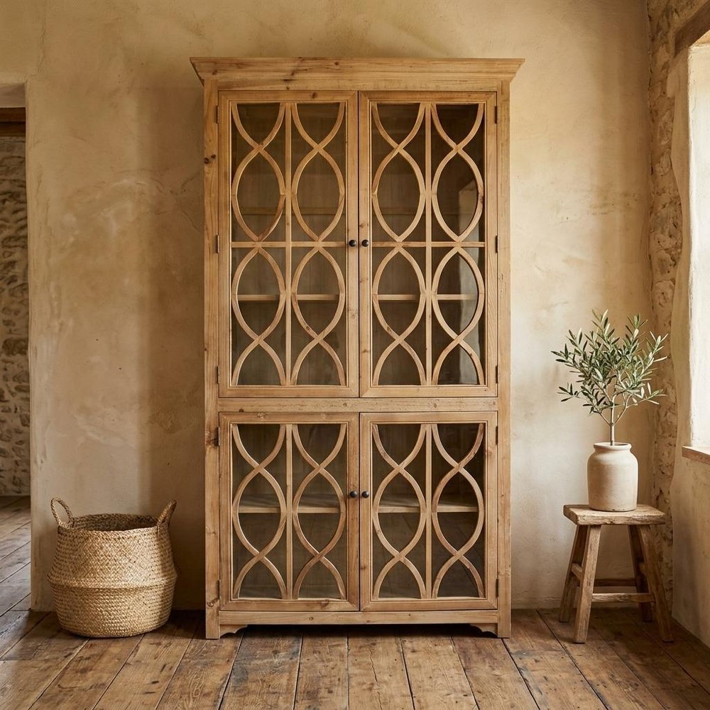 47" Natural Solid Wood Carved Geometric Accent Cabinet With Four Doors HomeRoots