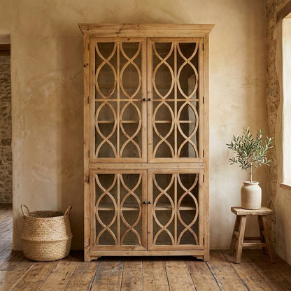 47" Natural Solid Wood Carved Geometric Accent Cabinet With Four Doors HomeRoots