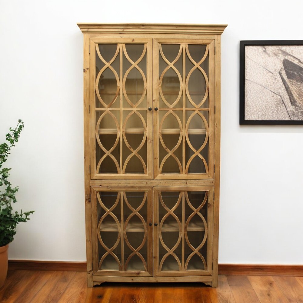 47" Natural Solid Wood Carved Geometric Accent Cabinet With Four Doors HomeRoots