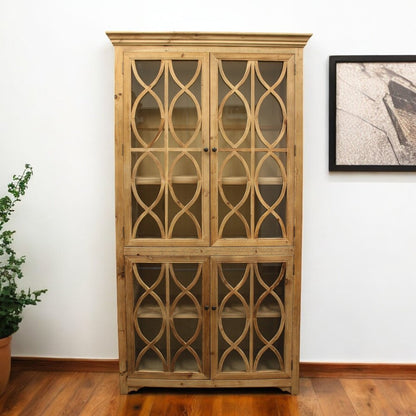 47" Natural Solid Wood Carved Geometric Accent Cabinet With Four Doors HomeRoots
