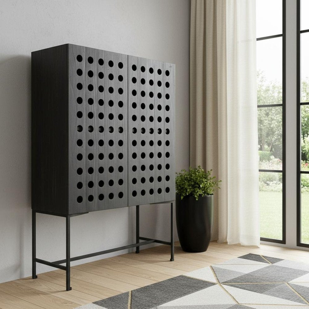 48" Dark Gray Solid Wood and Metal Holey Two Door Accent Chest HomeRoots