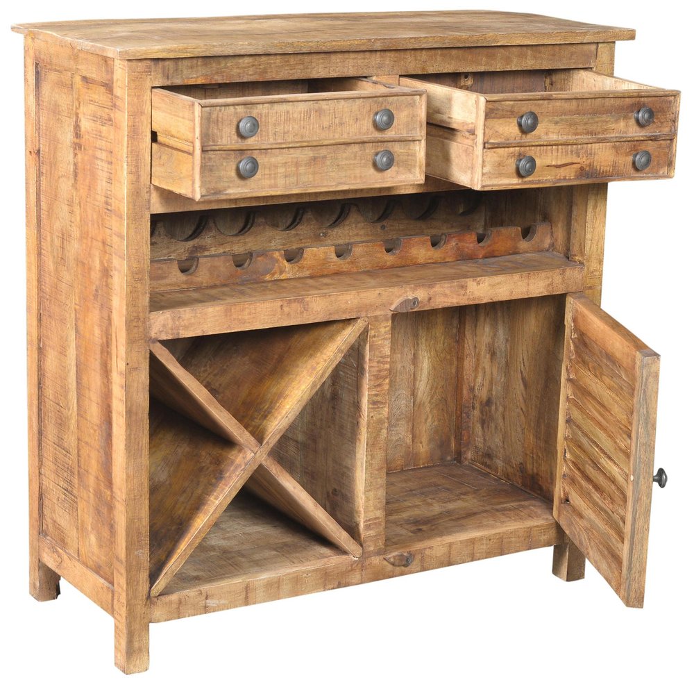 40" Rustic Natural Solid Wood 2 Door Wine Bar Cabinet HomeRoots