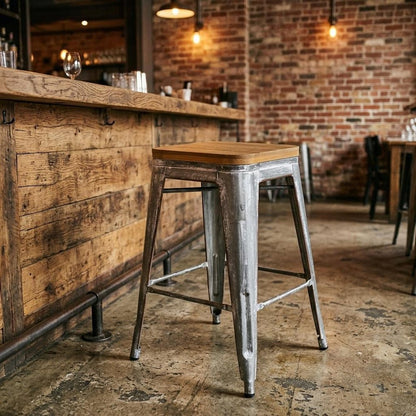 18" Brown And Gray Solid Wood And Steel Backless Bar Chair