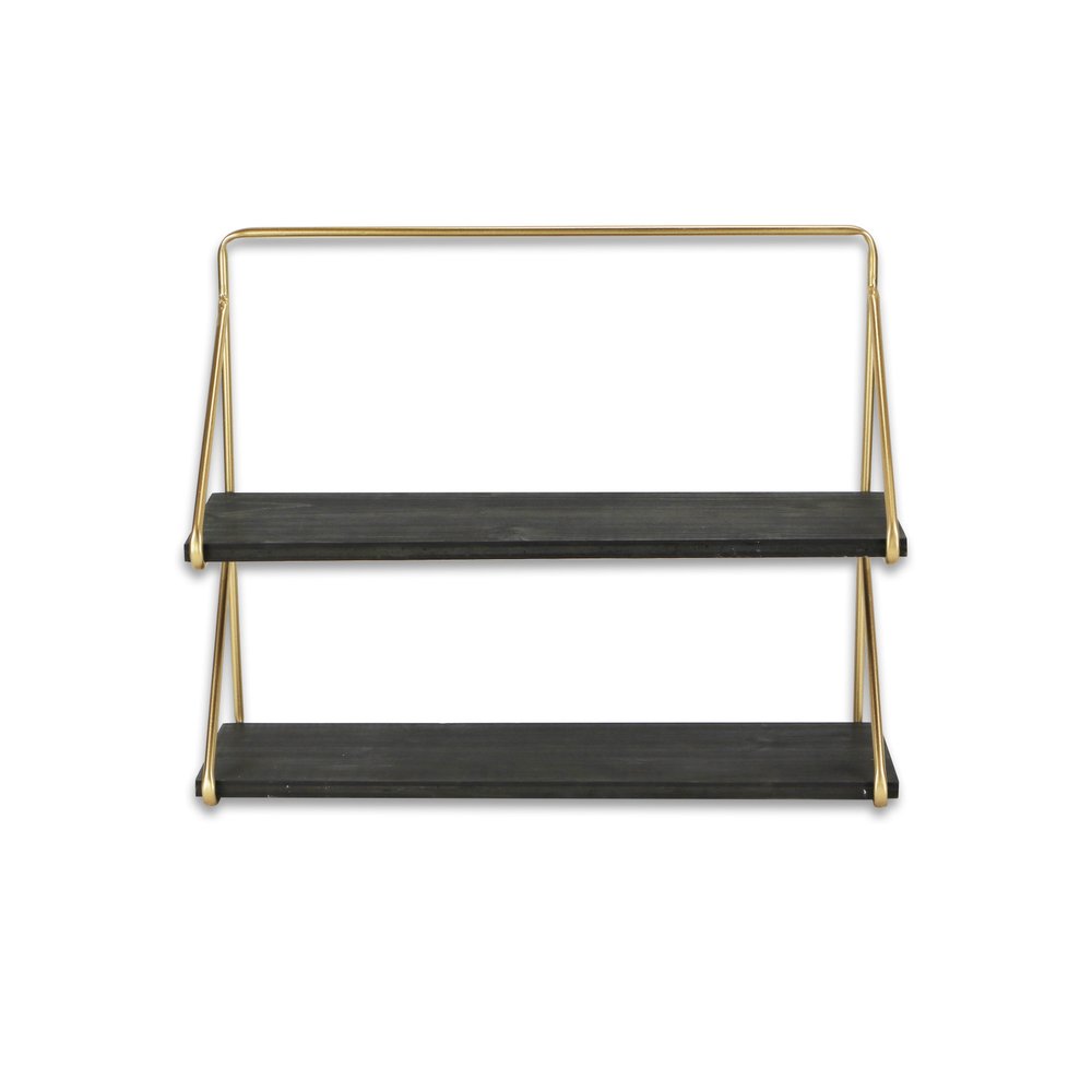 21" Dark Gray And Gold Metal And Wood Wall Mounted Tiered Shelf — view 2
