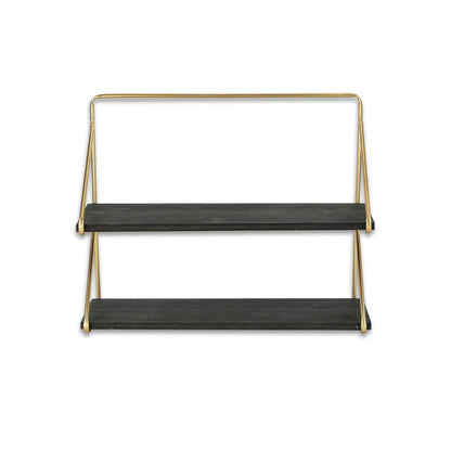 21" Dark Gray And Gold Metal And Wood Wall Mounted Tiered Shelf HomeRoots
