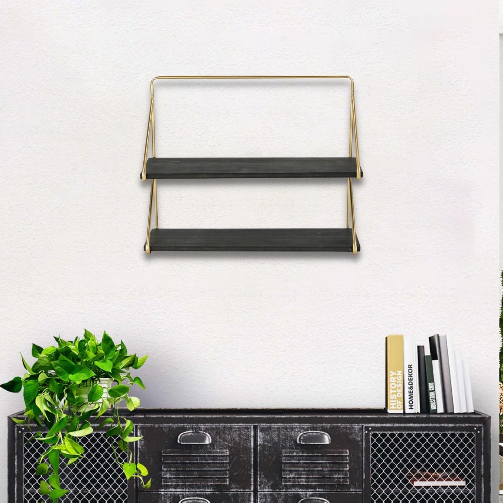 21" Dark Gray And Gold Metal And Wood Wall Mounted Tiered Shelf HomeRoots
