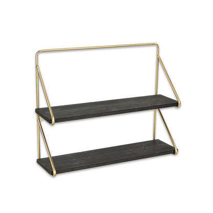 21" Dark Gray And Gold Metal And Wood Wall Mounted Tiered Shelf HomeRoots