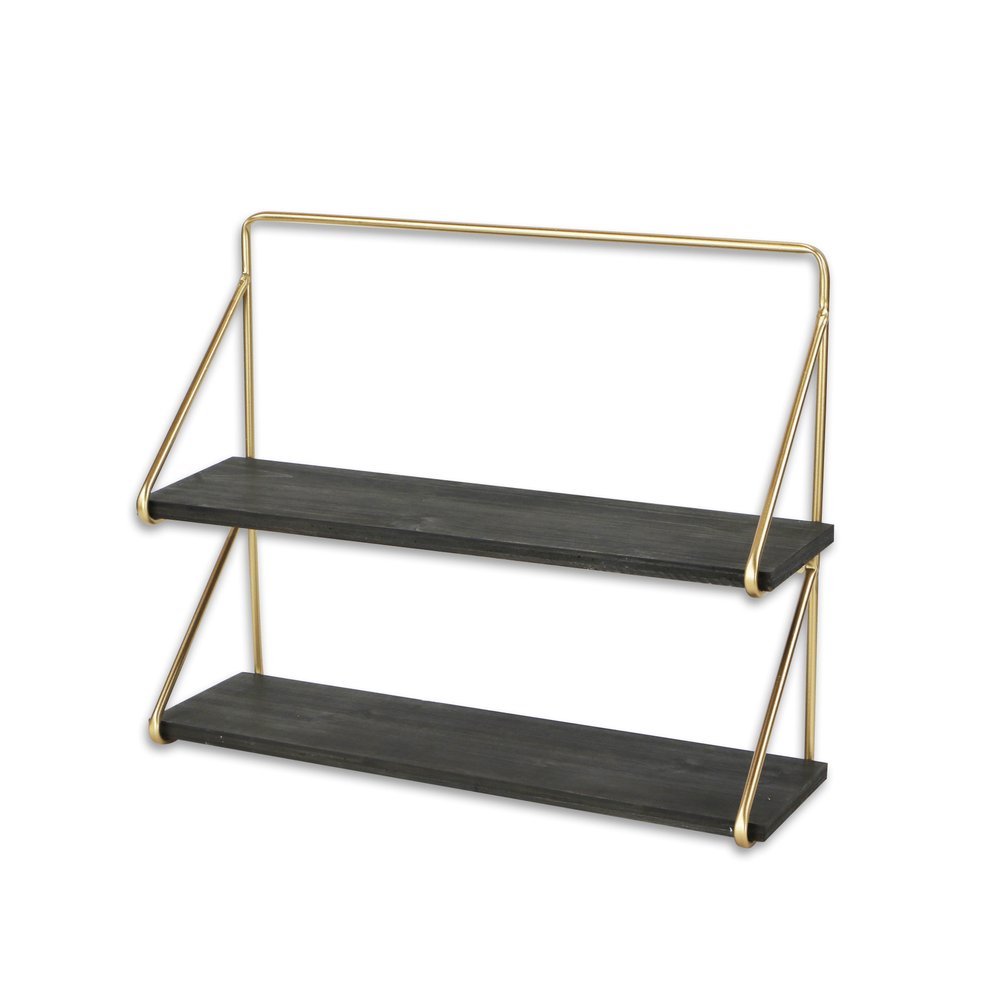 21" Dark Gray And Gold Metal And Wood Wall Mounted Tiered Shelf HomeRoots