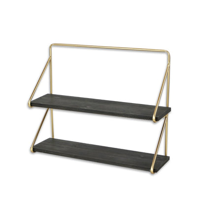 21" Dark Gray And Gold Metal And Wood Wall Mounted Tiered Shelf HomeRoots