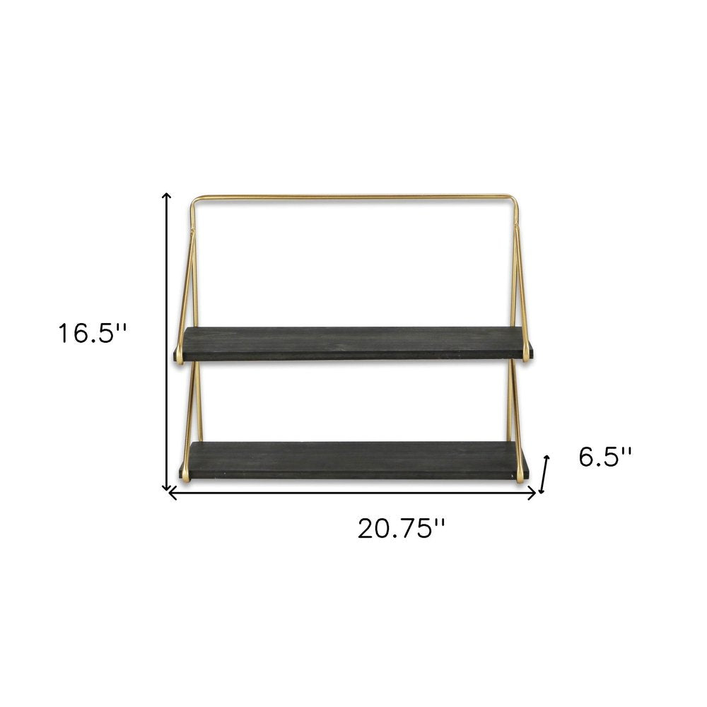 21" Dark Gray And Gold Metal And Wood Wall Mounted Tiered Shelf — view 7