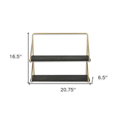 21" Dark Gray And Gold Metal And Wood Wall Mounted Tiered Shelf HomeRoots