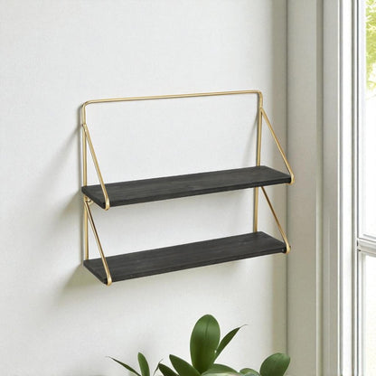 21" Dark Gray And Gold Metal And Wood Wall Mounted Tiered Shelf HomeRoots