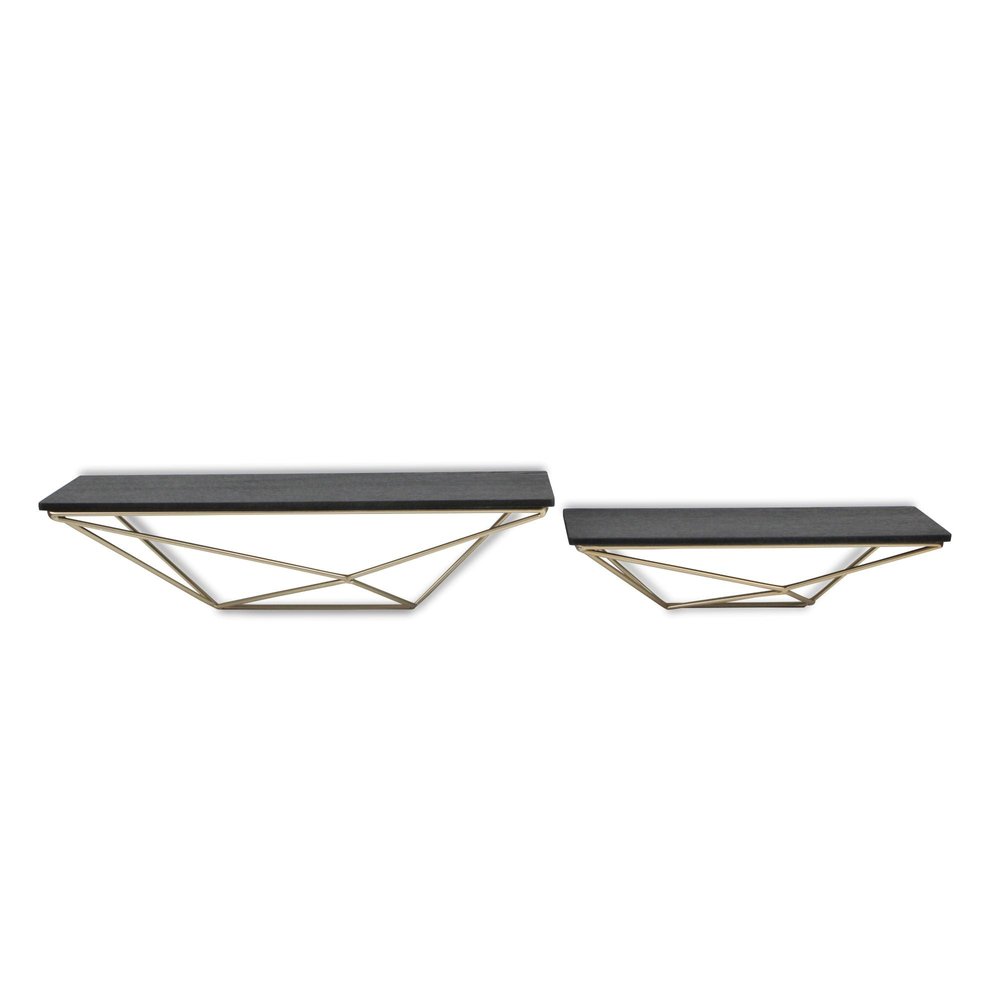Set Of Two Black And Gold Wood And Metal Modern Wall Mounted Accent Shelves HomeRoots