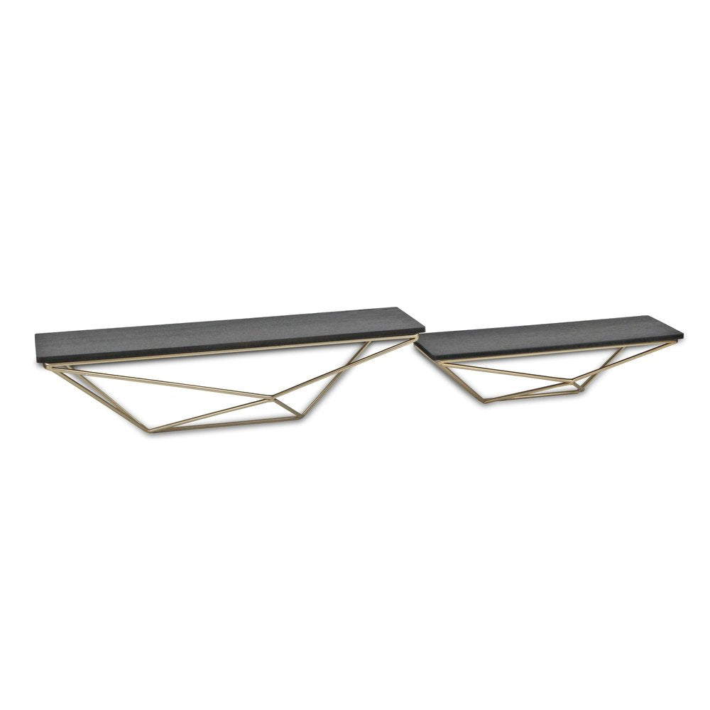 Set Of Two Black And Gold Wood And Metal Modern Wall Mounted Accent Shelves HomeRoots