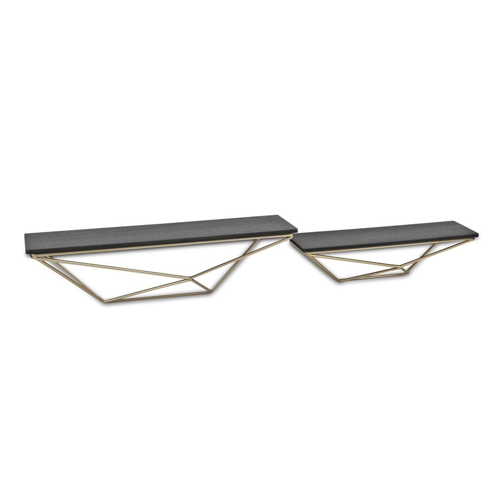 Set Of Two Black And Gold Wood And Metal Modern Wall Mounted Accent Shelves HomeRoots
